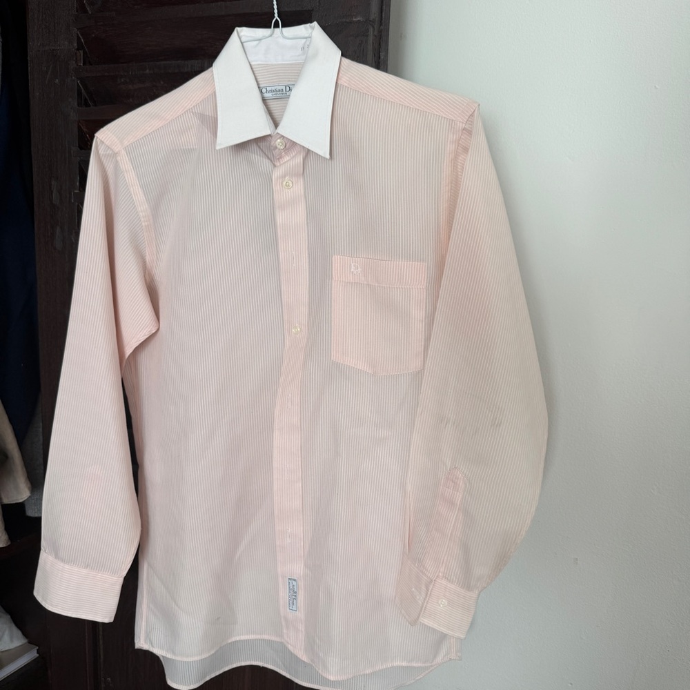 Christian Dior vintage Luxury Men's Pink Stripe Dress Shirt with White Collar
